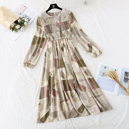 French retro printed pleated long skirt fairy super fairy series  3815