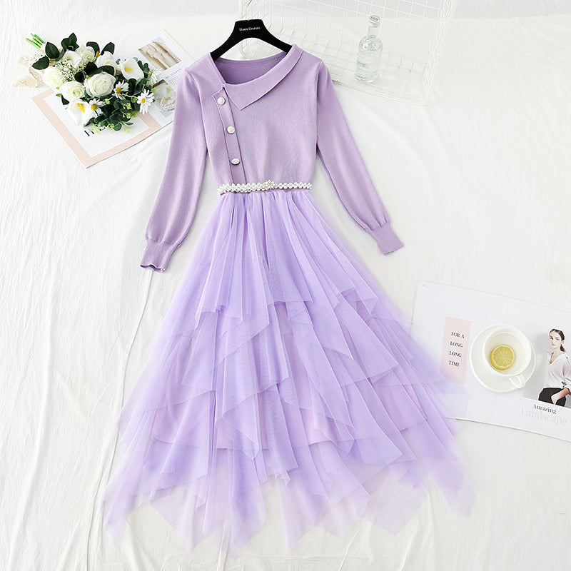 Mesh stitched irregular long skirt waist closing temperament gentle dress  3923