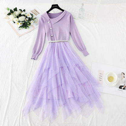 Mesh stitched irregular long skirt waist closing temperament gentle dress  3923