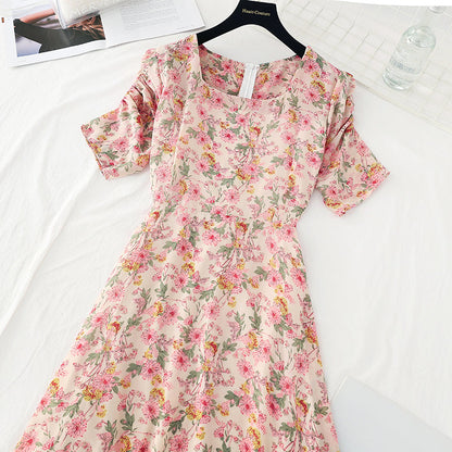 New French square neck long skirt with slim waist and Daisy Chiffon Skirt  4620