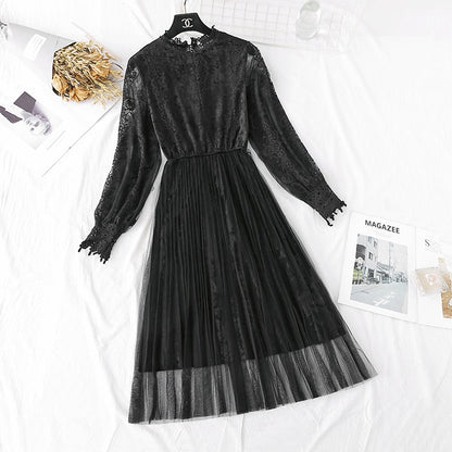 Golden velvet mesh dress lace pleated long skirt  4373
