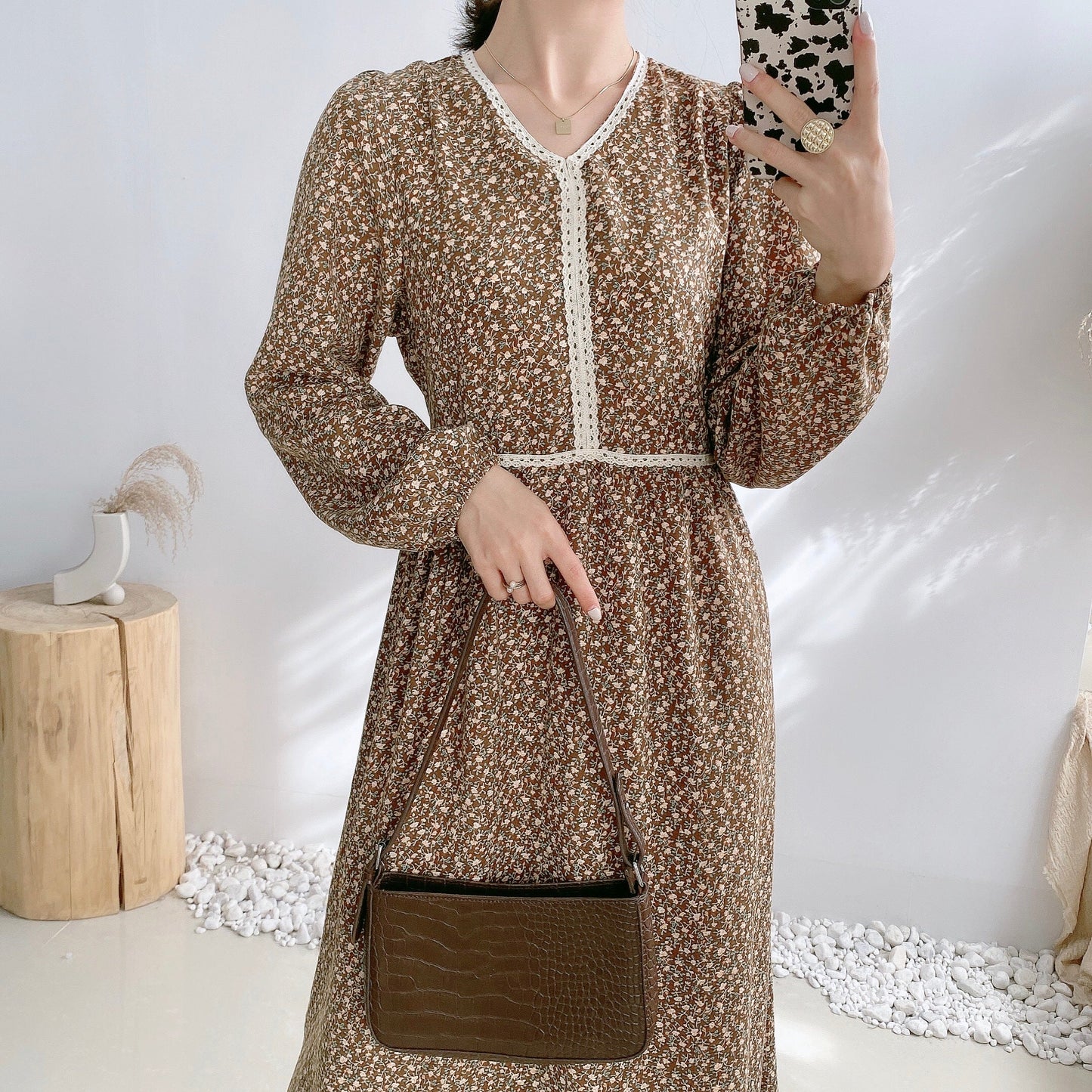 Floral dress lace up waistband temperament with bottom skirt inside  4072