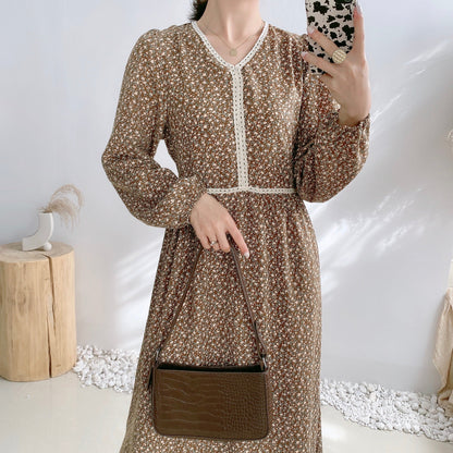 Floral dress lace up waistband temperament with bottom skirt inside  4072