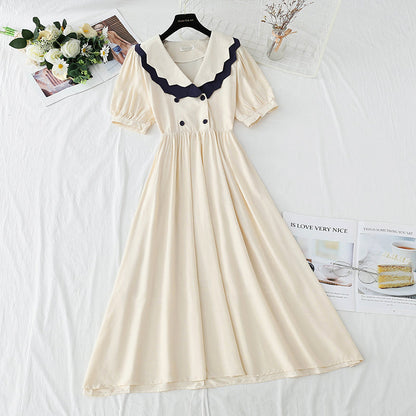 French retro doll collar bubble sleeve waist closing tea break skirt  4268
