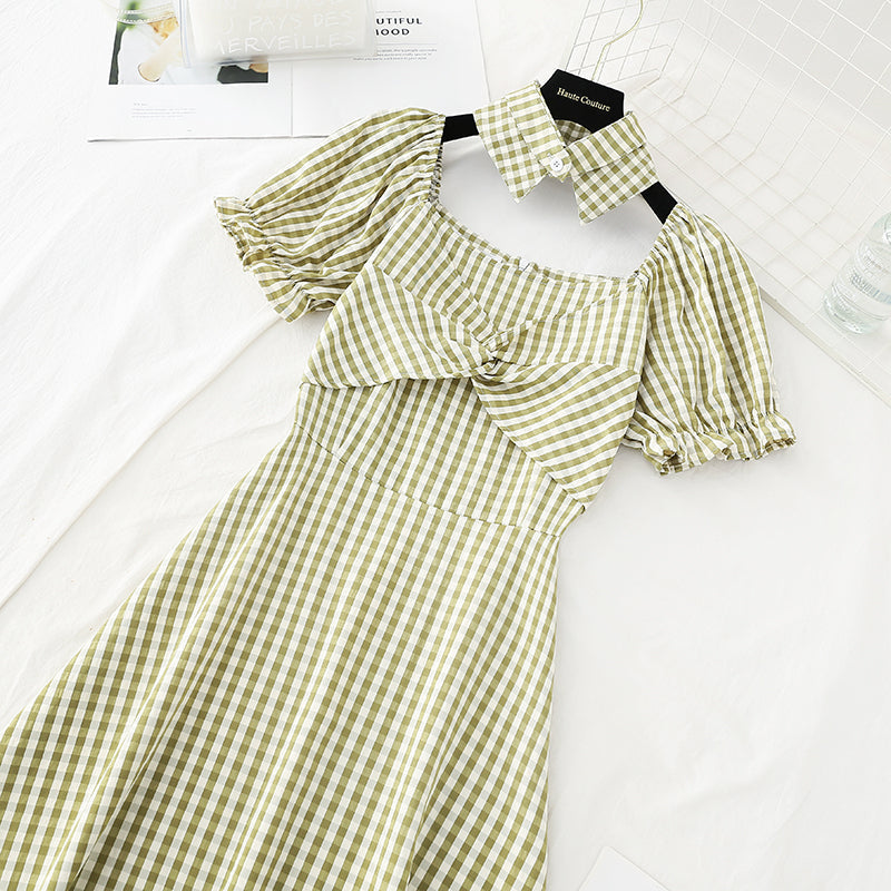 Narrow waist, thin temperament, bubble sleeve design, minority French retro plaid skirt  4214