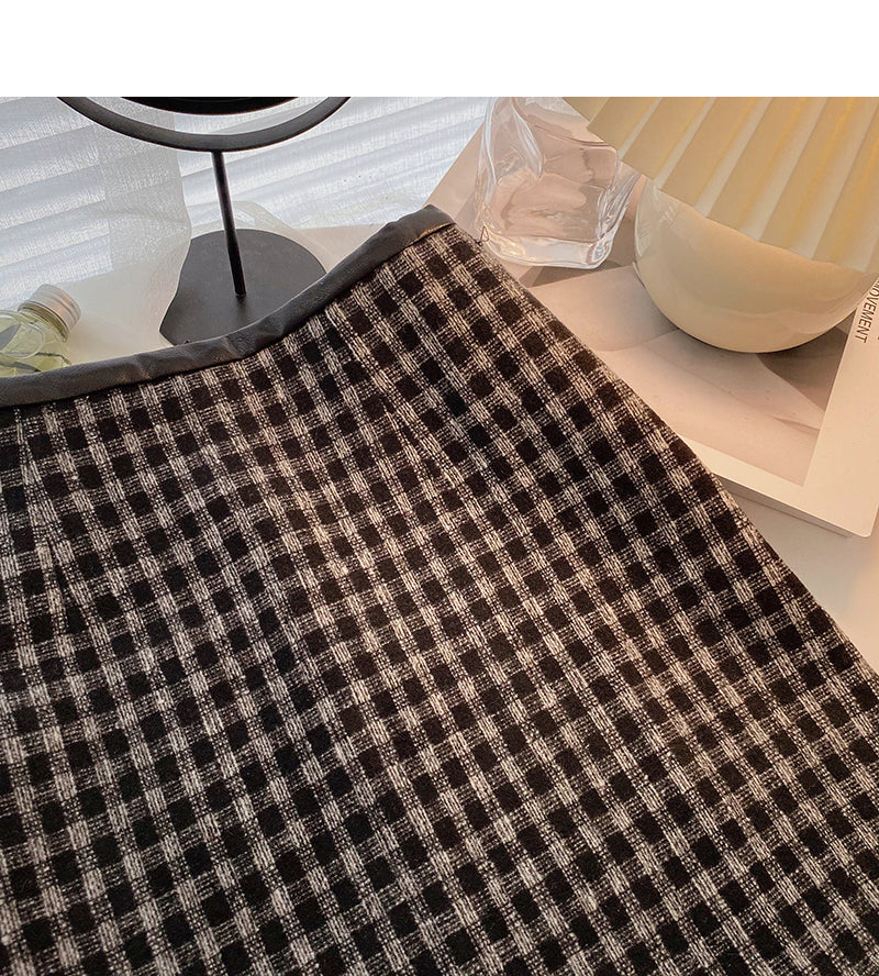High waist wrap buttock woolen skirt shows thin Plaid A-line skirt  5347