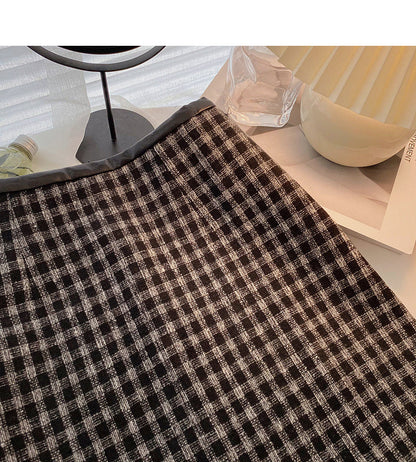 High waist wrap buttock woolen skirt shows thin Plaid A-line skirt  5347