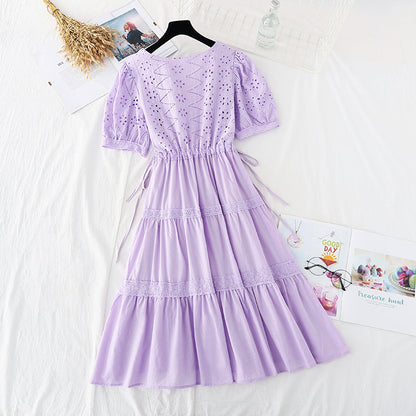 New hollow out Crochet skirt bubble sleeve French fairy dress  4625