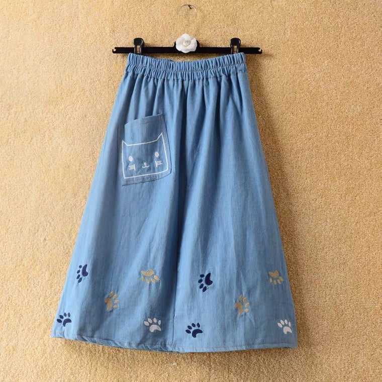 Spring and summer, new ,denim skirt, cute cat embroidery, high waist big swing mid-length skirt, A-line skirt  3611