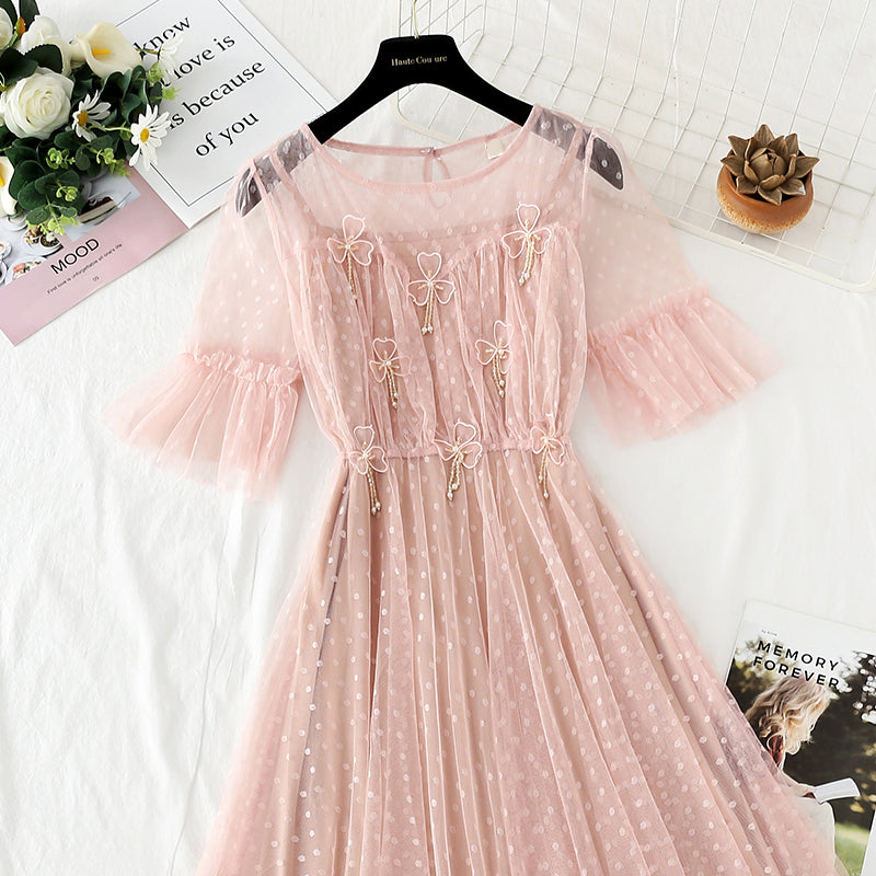 Flower Rhinestone bead mesh dress  4407