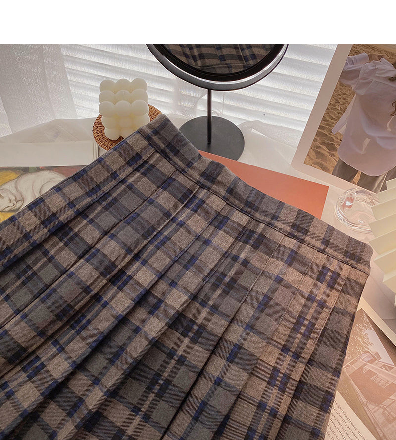 Retro age reducing versatile student A-shaped high waist plaid skirt  5473