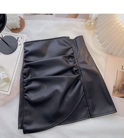 High waist pleated design, irregular, slim, hip wrapped leather skirt  5323