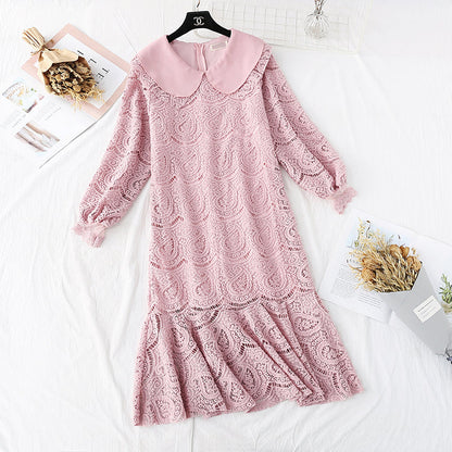 Doll collar lace dress with fishtail long skirt  3990