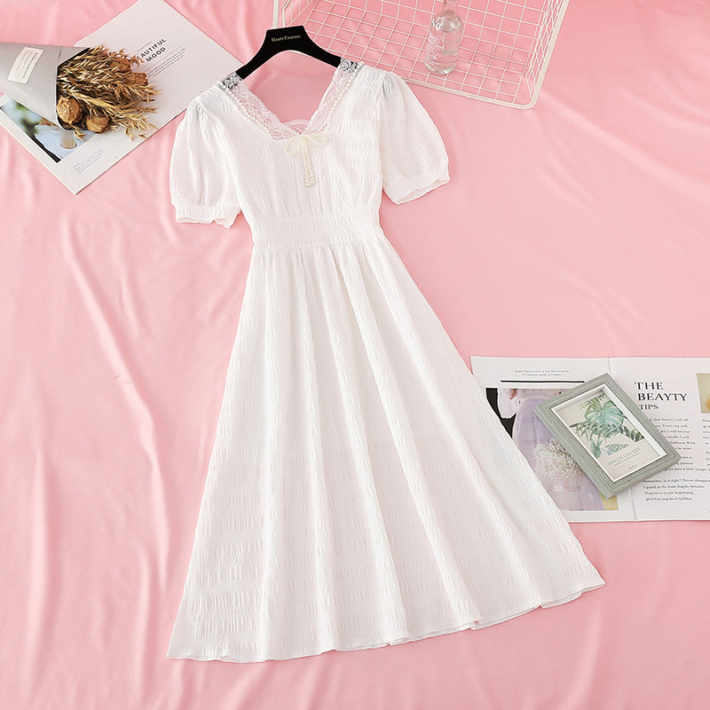 New style pearl square neck skirt with slim waist French dress  4670