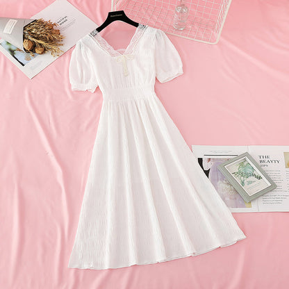 New style pearl square neck skirt with slim waist French dress  4670