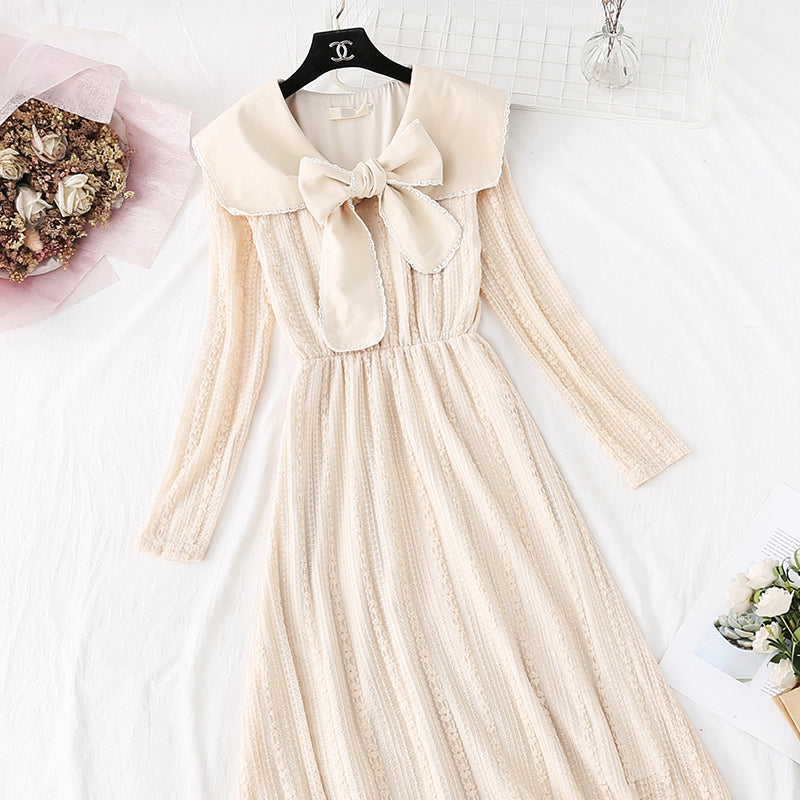 Sweet bow long skirt French retro waist wool skirt  4000