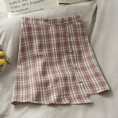 Literary, small and fresh, irregular breasted high waist A-line skirt, plaid skirt  3614