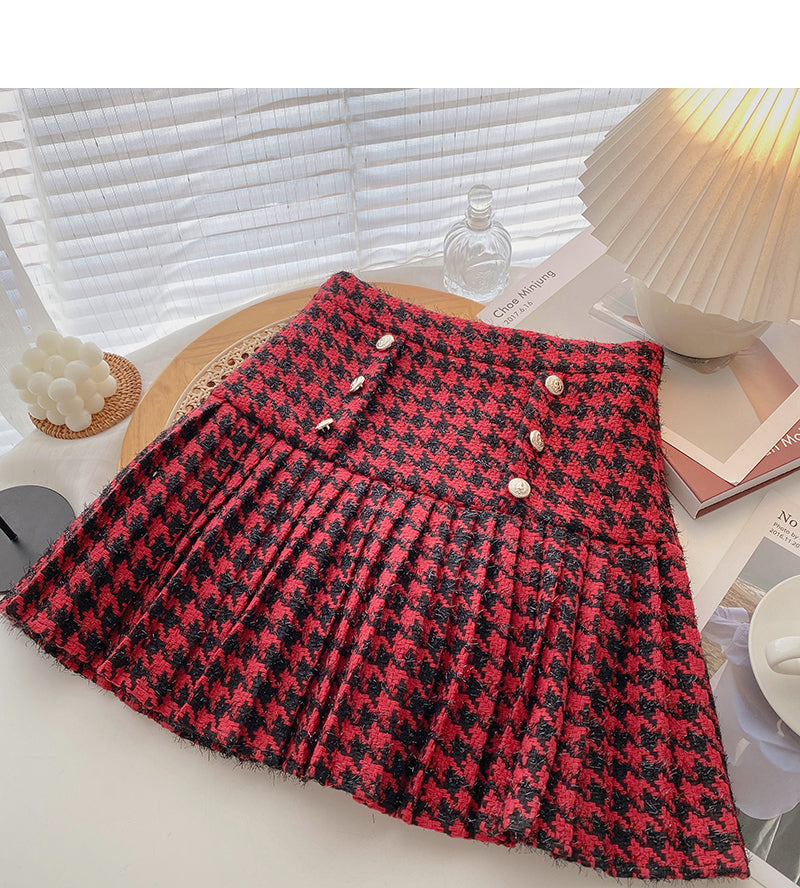 Korean double breasted design retro fashion thousand bird pleated skirt  5413