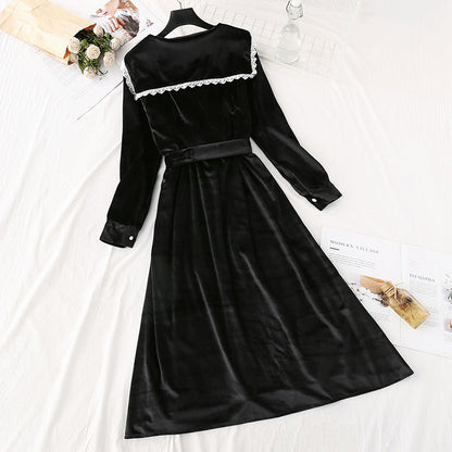 French retro golden velvet dress super xiansen long skirt  4499