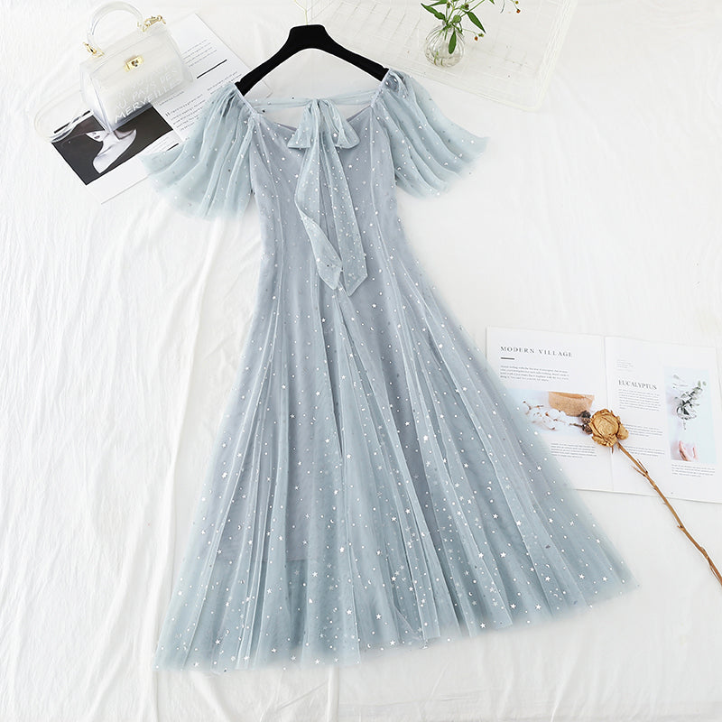 Star Sequin gauze waist closing thin French dress  4398