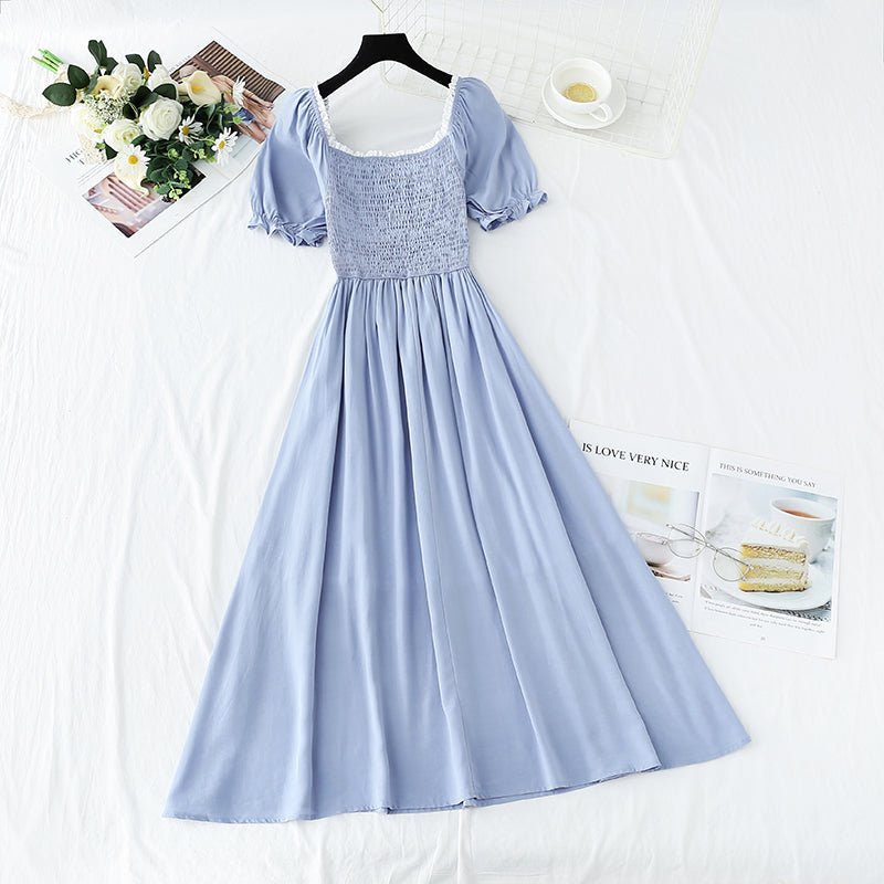 French retro dress square neck bubble sleeve lace edge  4271