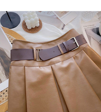 Age reducing pleated high waist A-line skirt with belt  5482