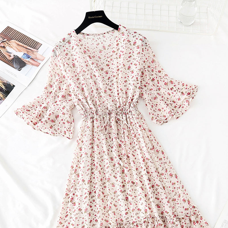 The new waist is slim, pleated lace up Chiffon French retro long skirt  4507