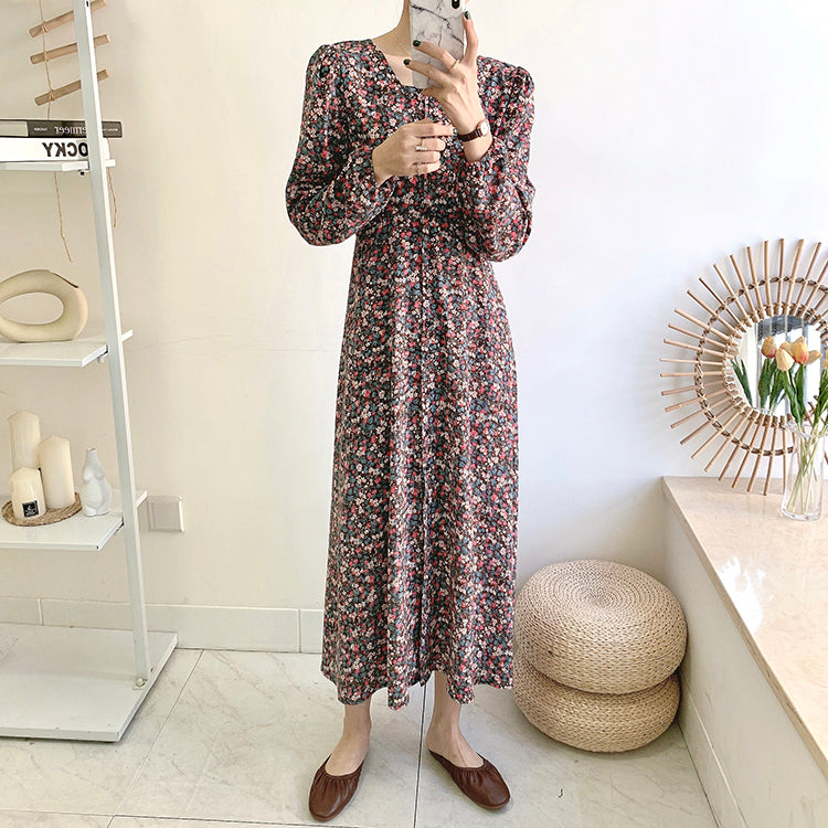 Knee thin lace up square neck fairy Vintage Floral Dress  3911