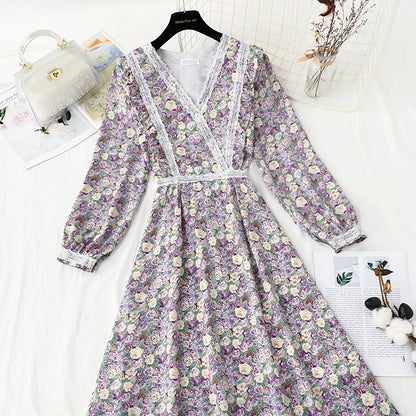 New Chiffon print lace stitching fairy temperament small skirt  4851