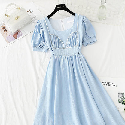 New French bubble sleeve small skirt square neck Fairy Dress  4867