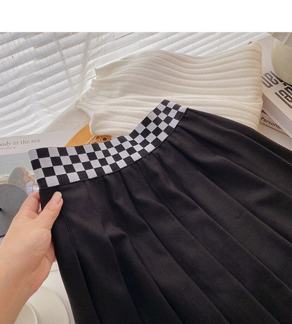 Korean Vintage Plaid high waist thin A-line skirt 5450