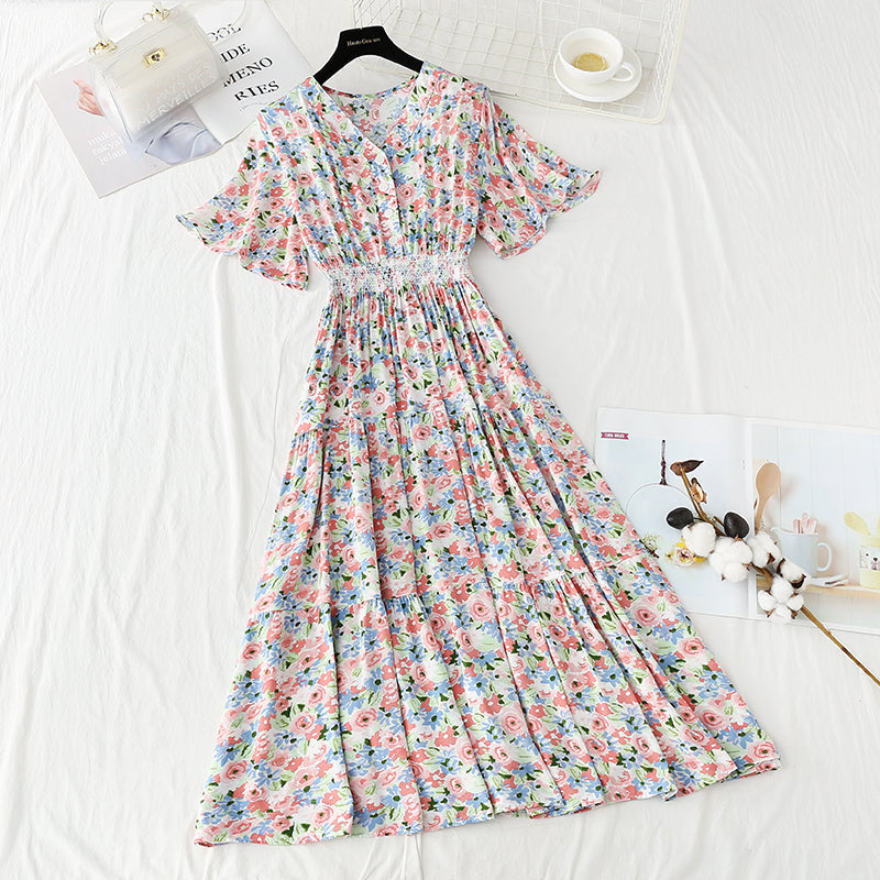 New French gentle skirt V-neck floral waist slim skirt  4234