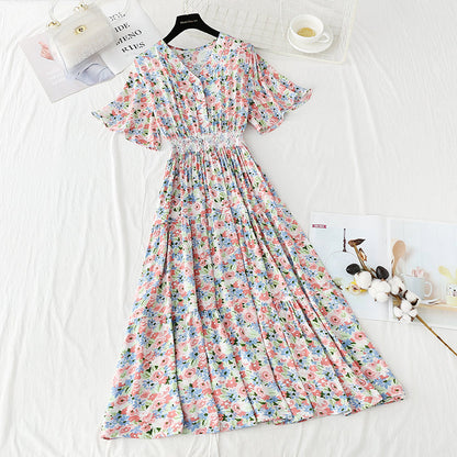 New French gentle skirt V-neck floral waist slim skirt  4234