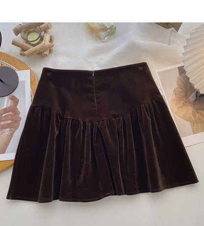 Golden velvet retro diamond studded bow high waist A-line umbrella skirt  5612