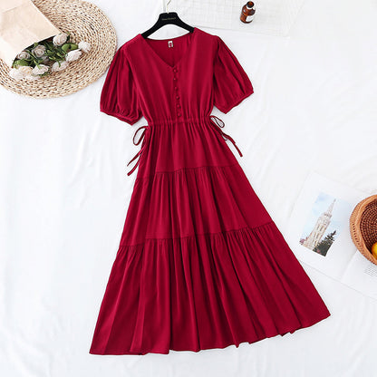 The new lace up waist shows thin temperament, French minority retro long skirt  4512