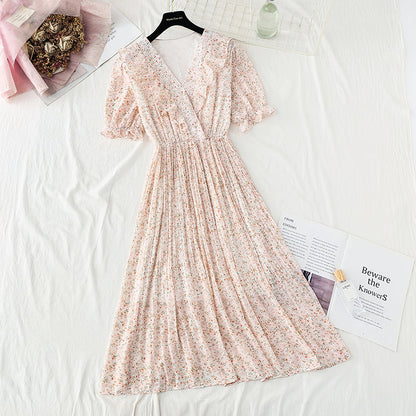 New French V-neck sweet Ruffle gentle snow spun dress  4852