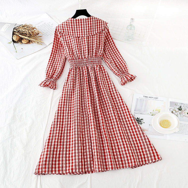 French retro Plaid Platycodon skirt shows thin temperament at the waist  4530