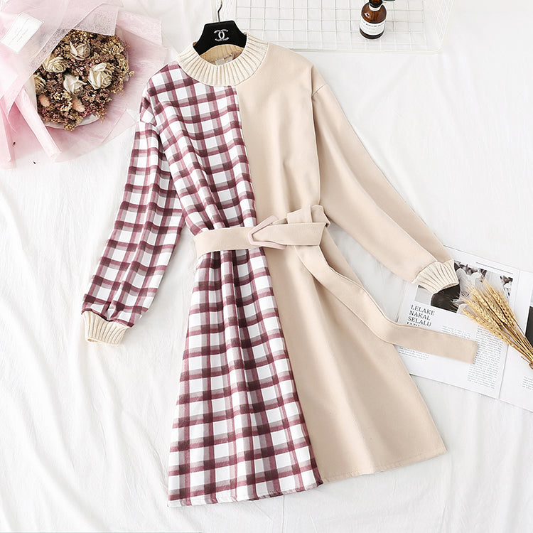 New Plaid color blocking small man with a bottomed skirt at the waist  4484