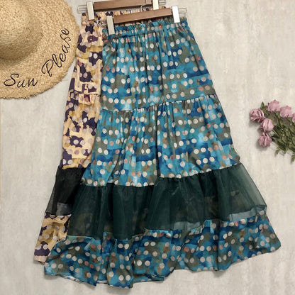 polka dot print splicing mesh drape feeling gauze skirt  3688