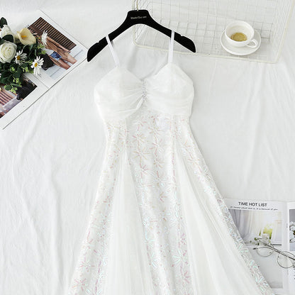 French white suspender dress mesh stitched sequins high waist thin  4428