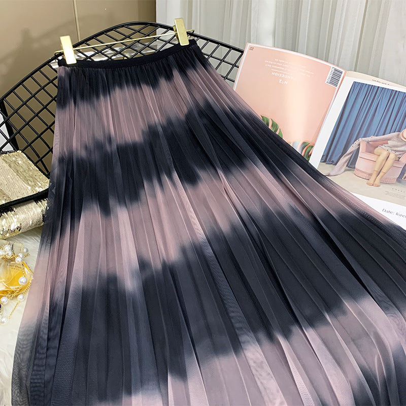 New gauze skirt, clash color stripes pleated skirt, midi vertical skirt with gradient color  3677