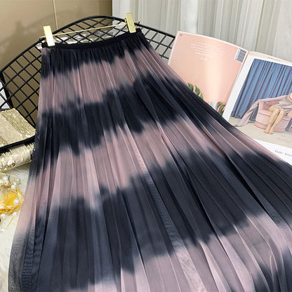 New gauze skirt, clash color stripes pleated skirt, midi vertical skirt with gradient color  3677