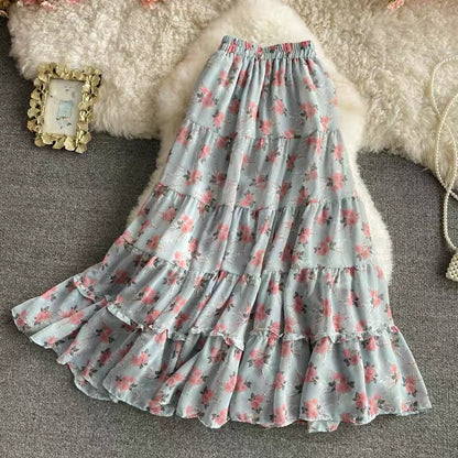Elastic-waist floral chiffon skirt, all-match sweet long skirt, high waist fairy A-line big swing long skirt  3562
