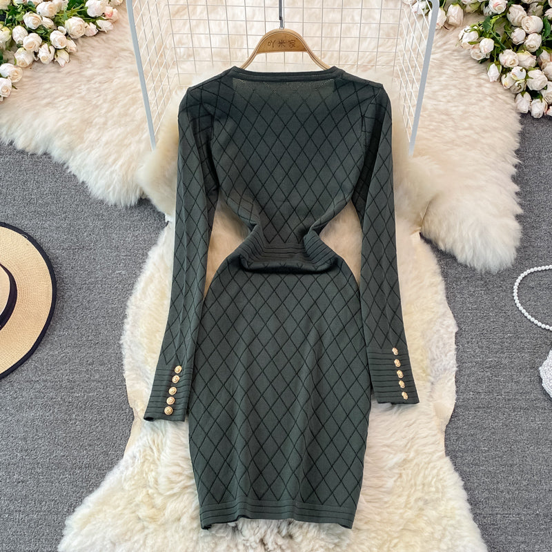 Long sleeve sexy personalized square neck knitted bag hip bottomed dress  3781