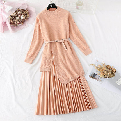 Knee knitted sweater pleated skirt two piece set  4463