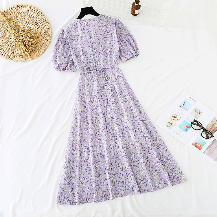 Small fresh floral dress with single waist and thin buttons 4664