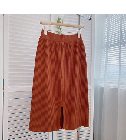 Korean casual solid color simple high waist split A-line skirt  5801