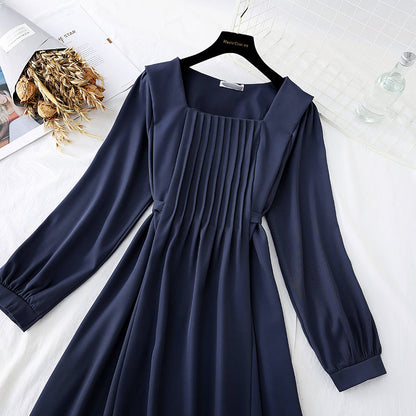 Solid color French retro dress women's wear with thin temperament  3938