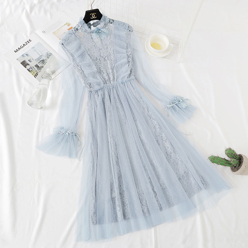 Heavy industry three-dimensional flower lace dress minority French style  4325