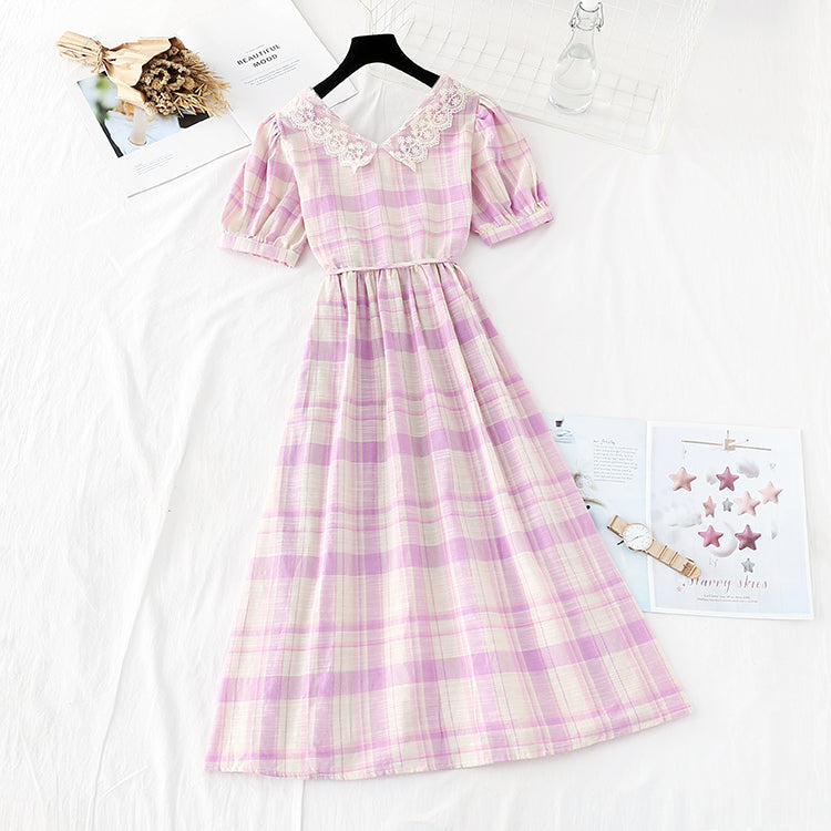 New lace doll collar sweet Plaid Cotton Linen Skirt fairy super fairy series  4598